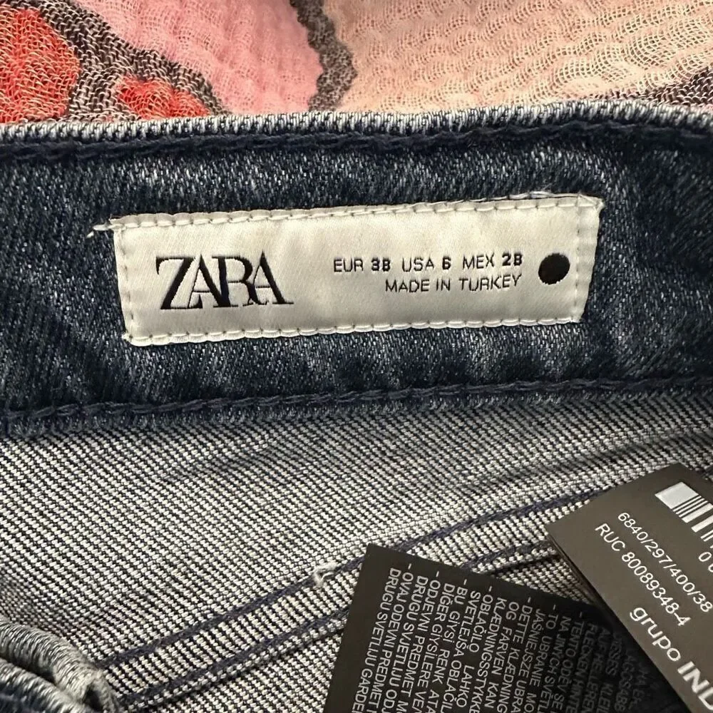 ZARA Whiskering Faded 5-Pocket Straight Leg Denim Jeans Blue Size 6